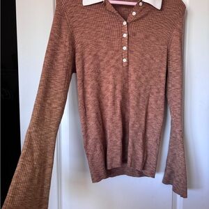LOFT Button Down Ribbed Top - Brown and Cream